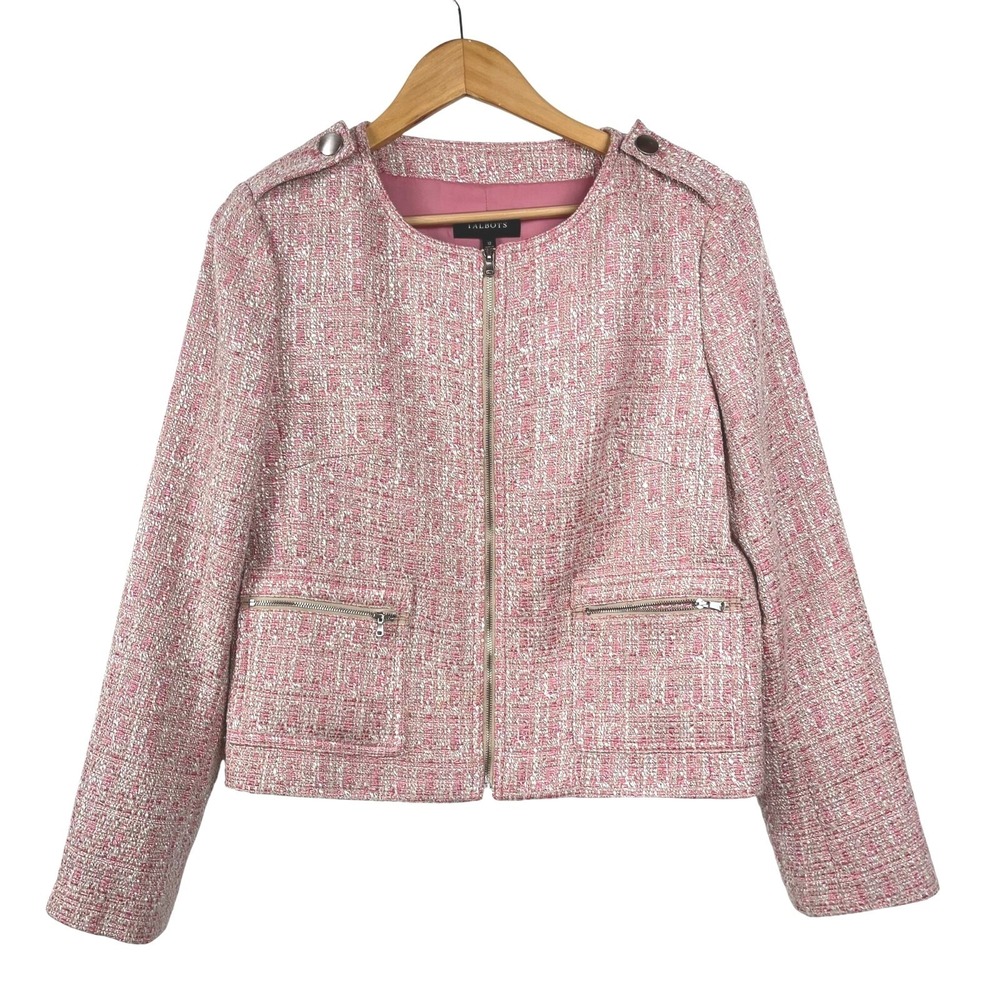 Talbots Jacket Women 12 Pink Zip Front Boucle Tweed Epaulet Zipper Cuff Blazer